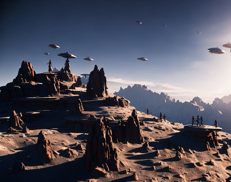 Futuristic landscape with rocky terrain and flying saucers in sunlit sky