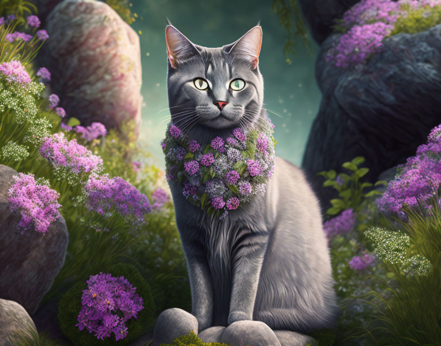 Gray Cat with Green Eyes Surrounded by Purple Flowers and Rocks