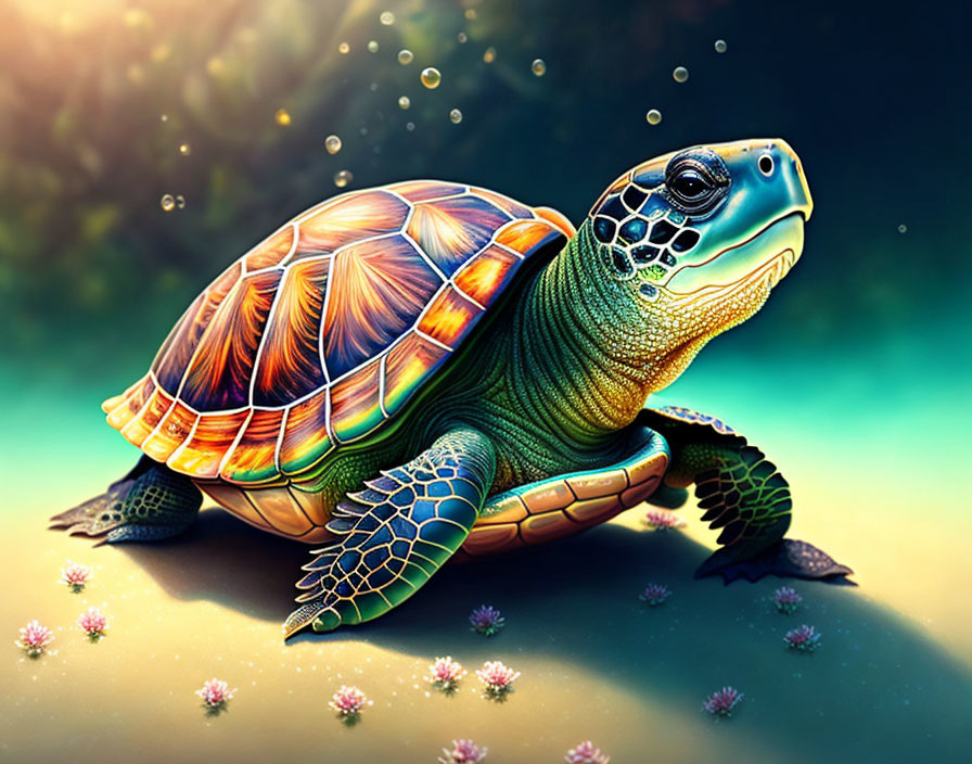 Colorful Sea Turtle Illustration with Shell Patterns and Pink Flowers