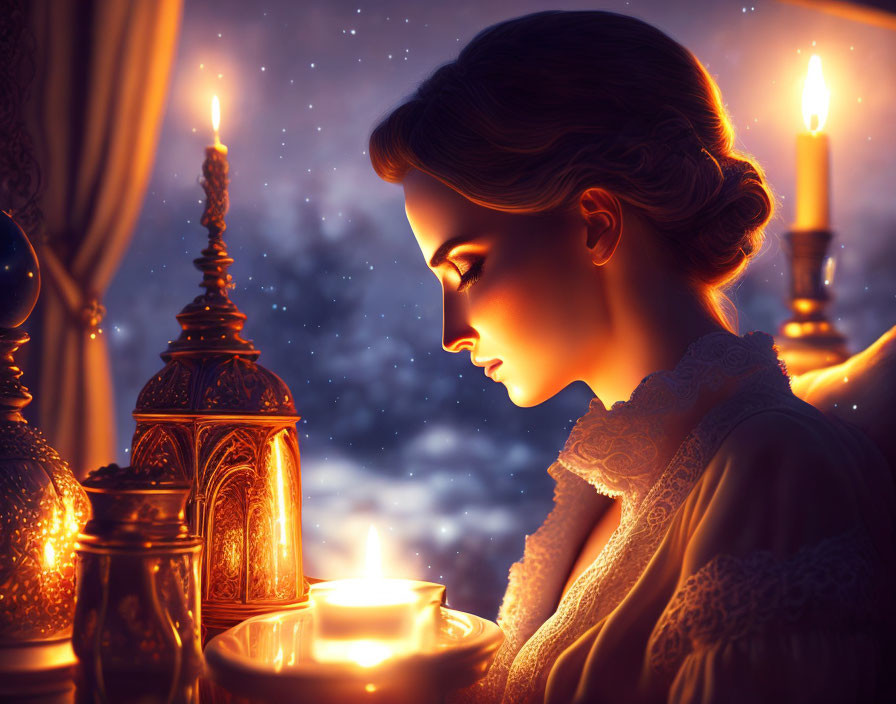 Contemplative woman by candlelight with lanterns and snowflaked backdrop