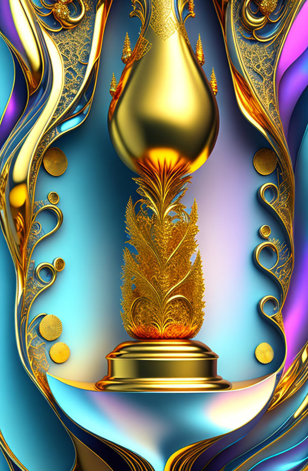 Golden ornate feather on pedestal with abstract gold and blue swirls