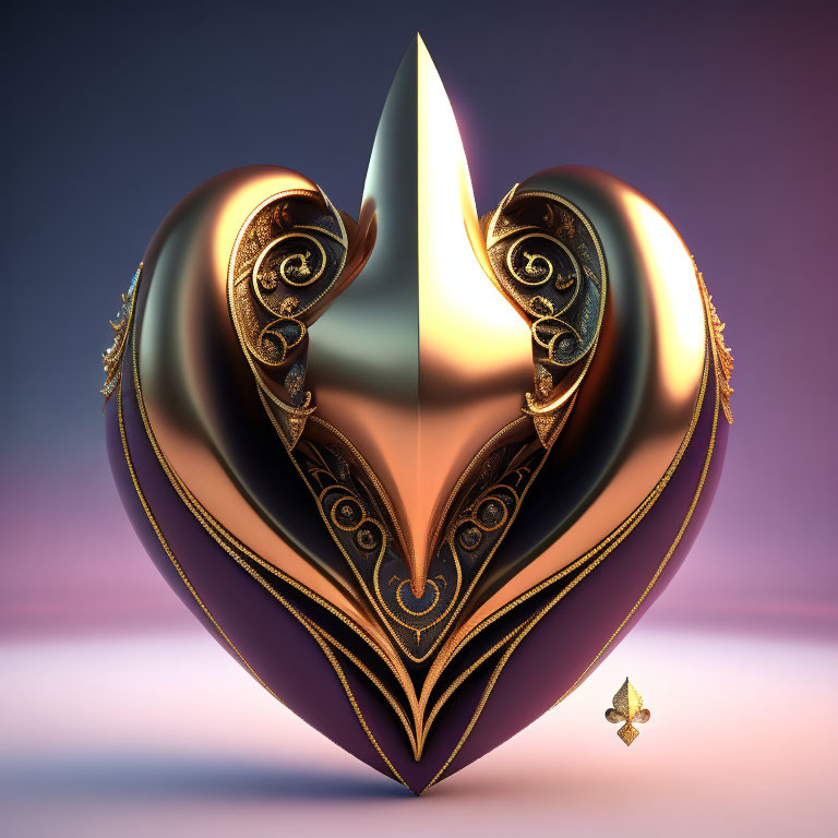 Ornate Heart-Shaped Object with Gold Accents and Butterfly on Purple Background