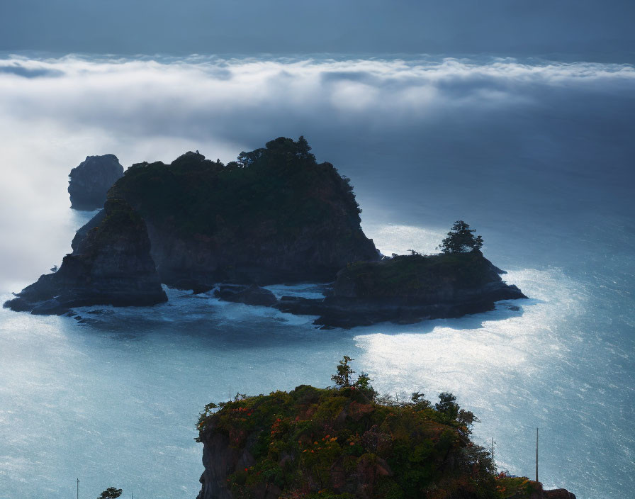 Serene Sea with Islands Under Dramatic Sky