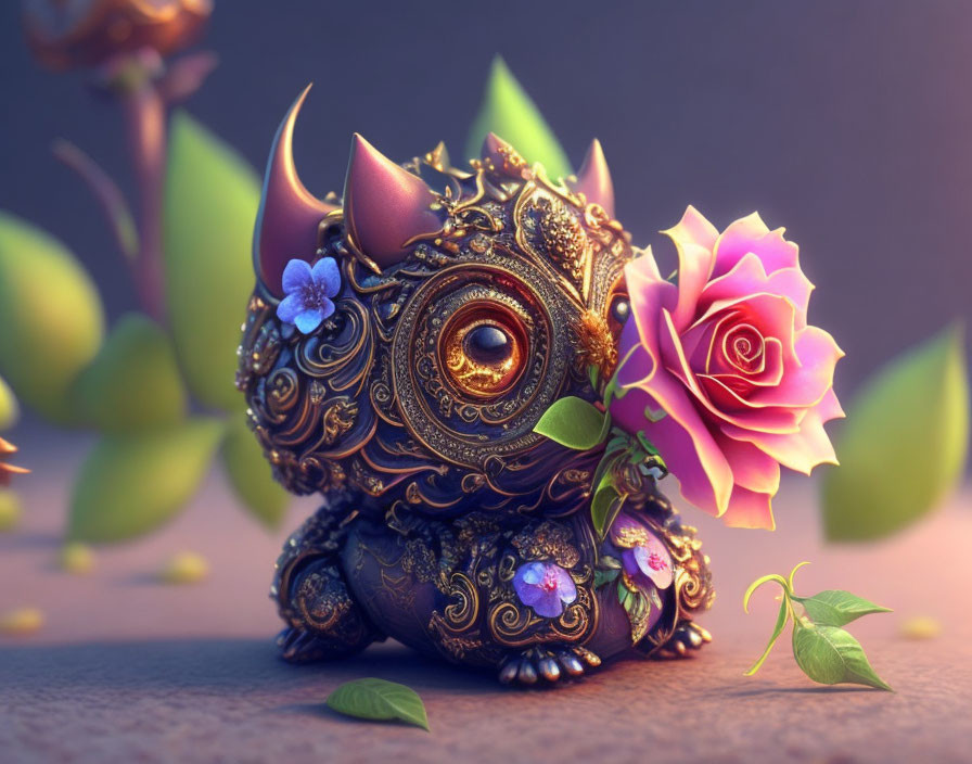 Metallic creature with golden designs and single eye next to pink rose