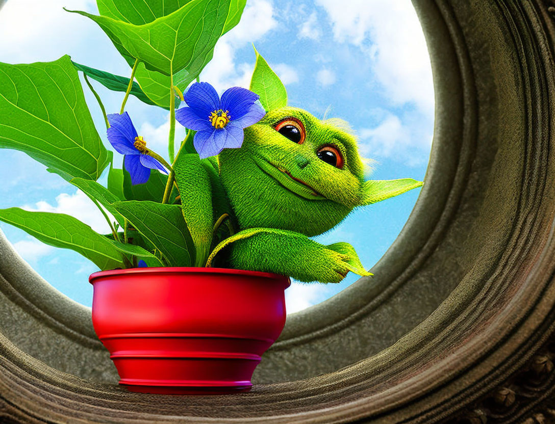 Green animated creature in red flower pot with purple flowers against sky.