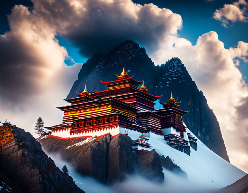 Majestic red and gold temple on snowy mountain slope