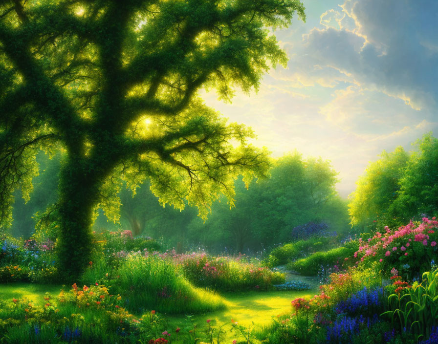 Tranquil sunrise garden with vibrant flowers