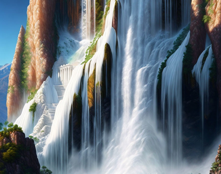 Majestic fantasy waterfall cascading over cliff with white temple, greenery, rocky terrain