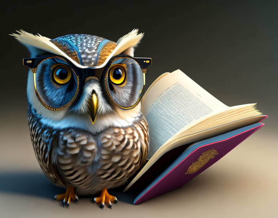 Anthropomorphized owl in glasses reading open book