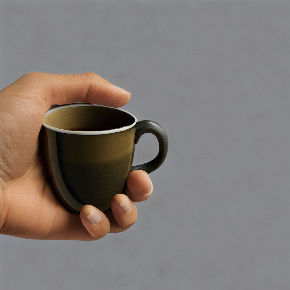 Dark-colored cup held by hand on grey background.