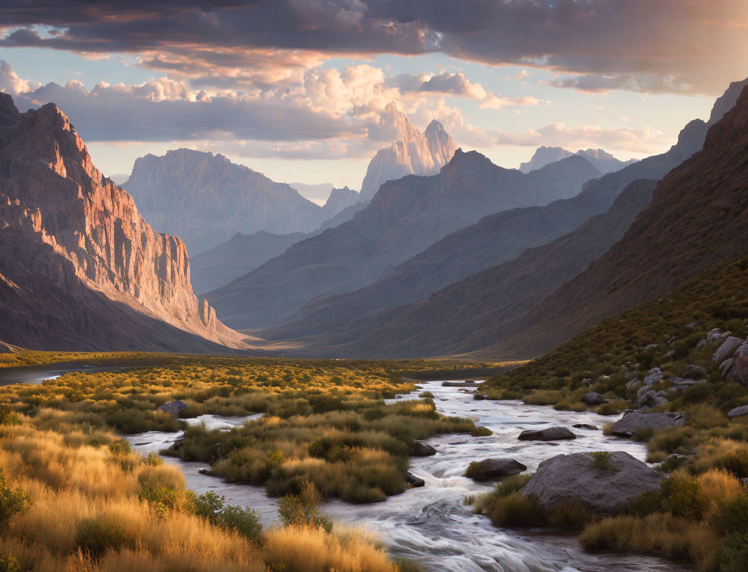 Tranquil River in Grassy Valley Under Sunset Sky