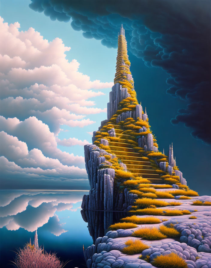 Fantastical landscape with tower on rocky pinnacle, water, dramatic sky.