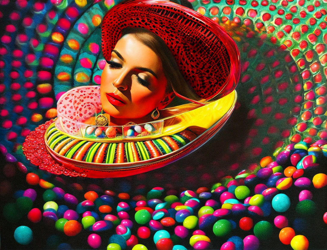 Colorful abstract artwork featuring woman's face with fruit hat & orbs