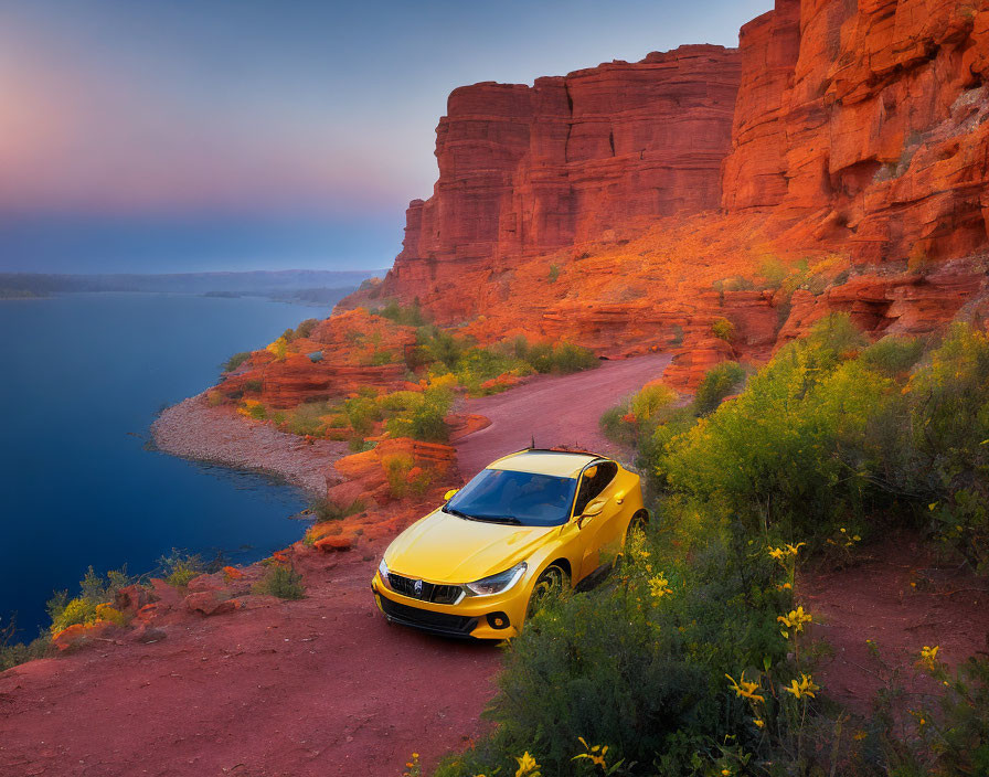 Yellow car on dirt road by blue lake with red rocks and wildflowers under purple sky