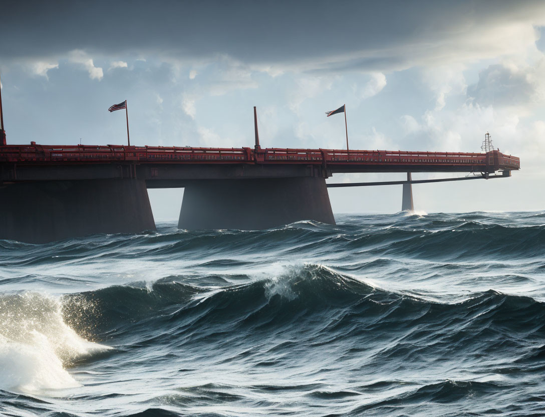 Stormy Sea with Dark Waves and Red Industrial Pier Flags