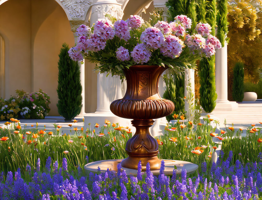 Brown vase with pink flowers in lush garden under warm light