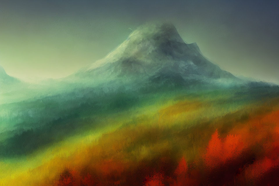 Misty landscape with autumn forest and mountain peak