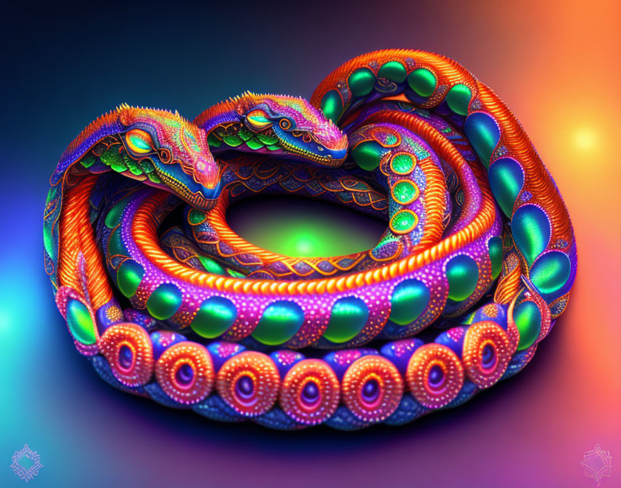 Colorful Digital Artwork: Coiled Snake with Psychedelic Patterns