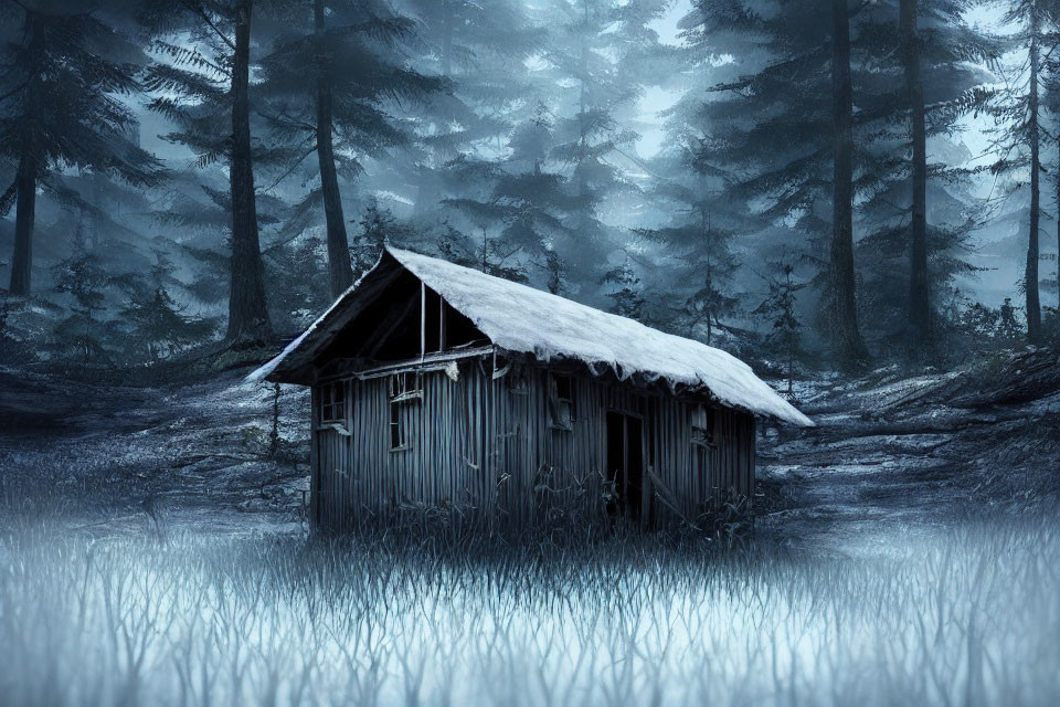 Snow-covered wooden cabin in misty pine forest under overcast sky