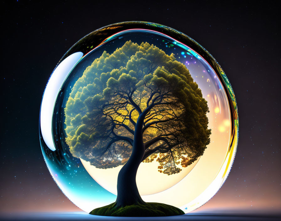 Surreal image of tree in transparent bubble under starry sky