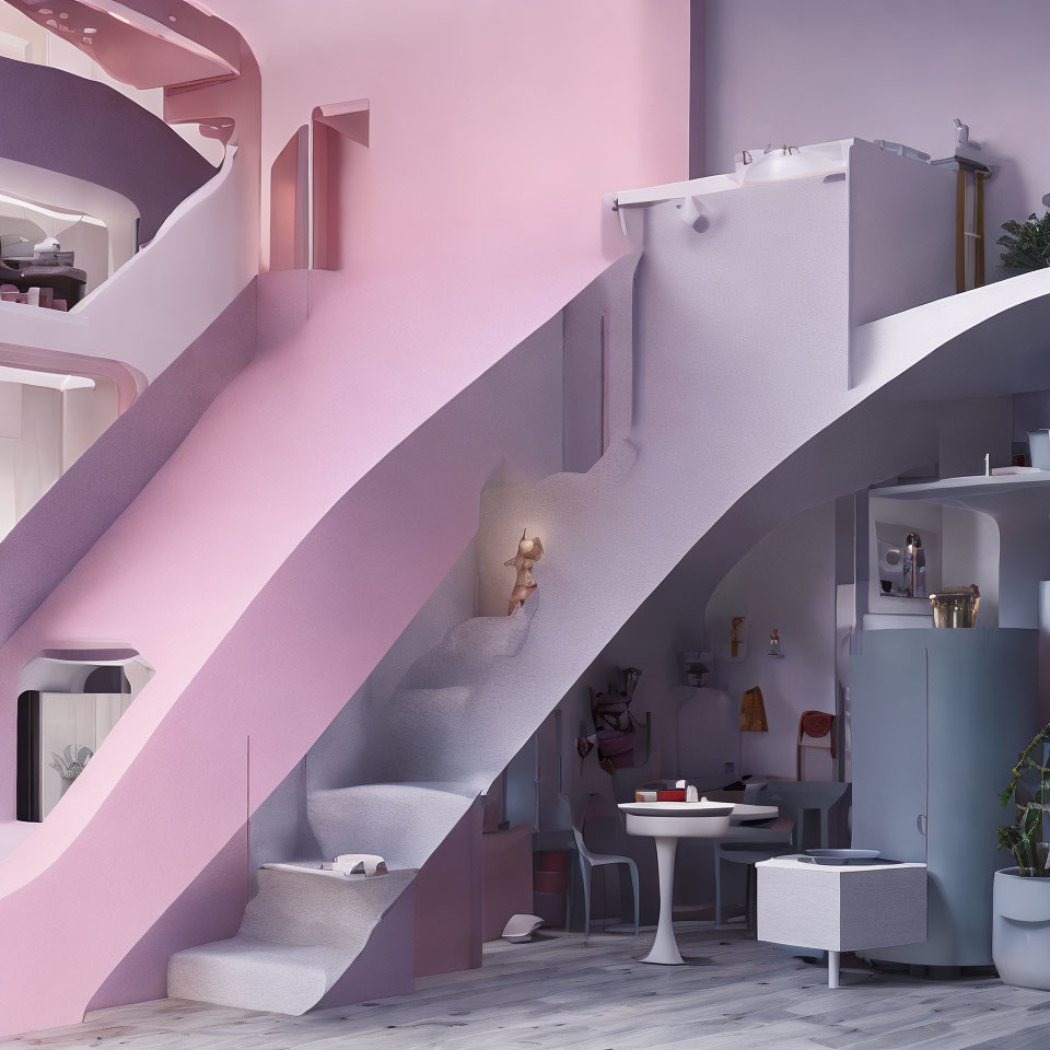 Whimsical interior with multiple staircases and pastel colors