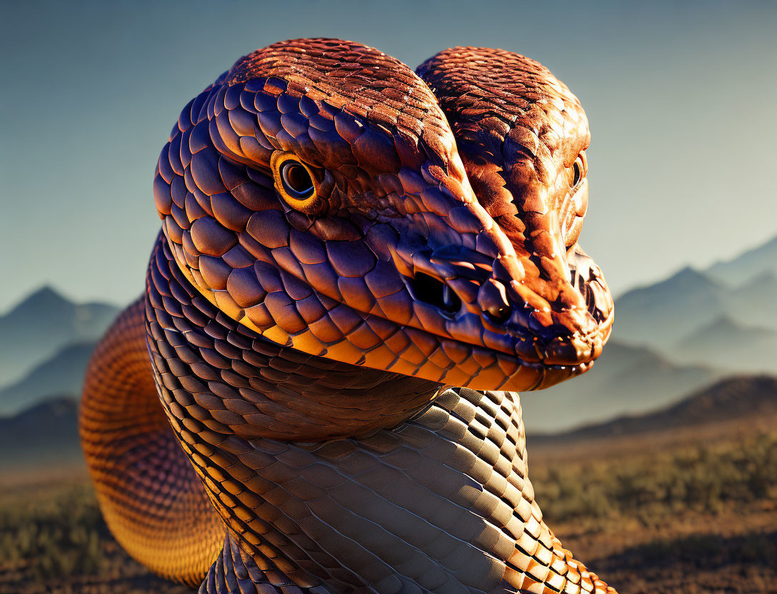 Detailed close-up of a snake with textured scales and yellow eye in desert.