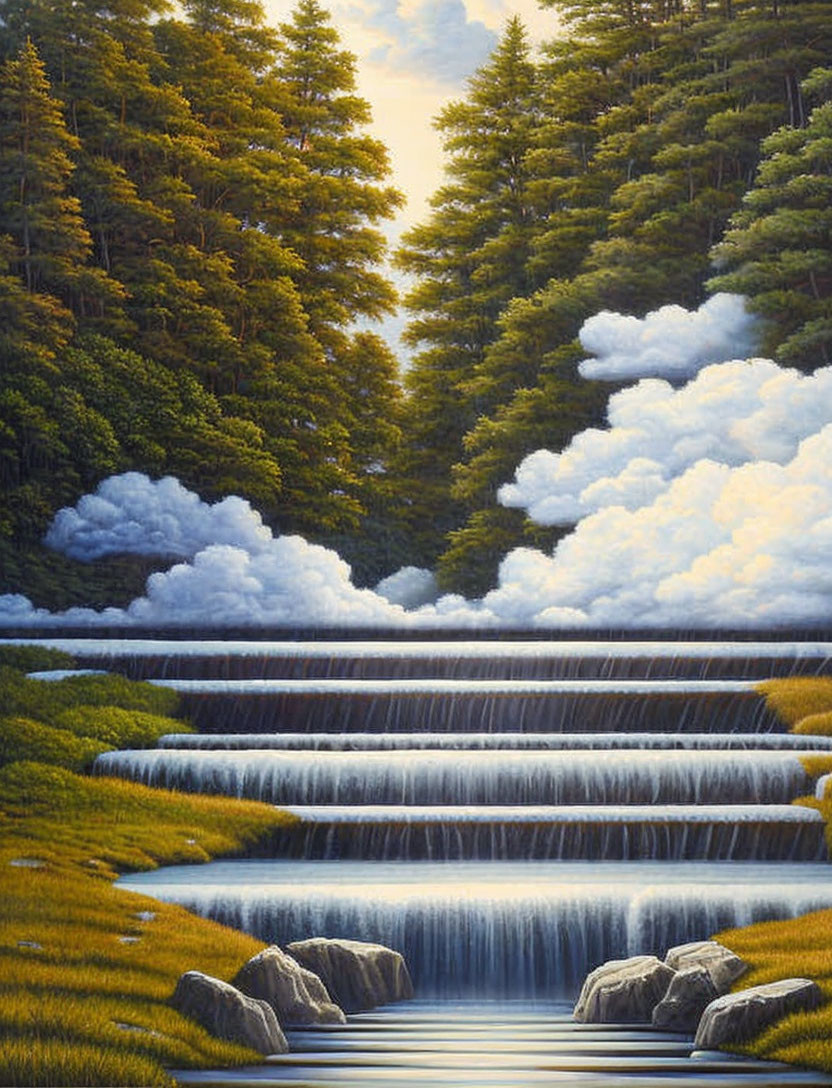 Serene waterfall painting in lush green landscape