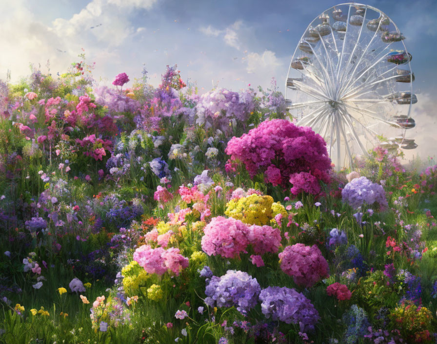 Colorful Flower Garden with Ferris Wheel in Background