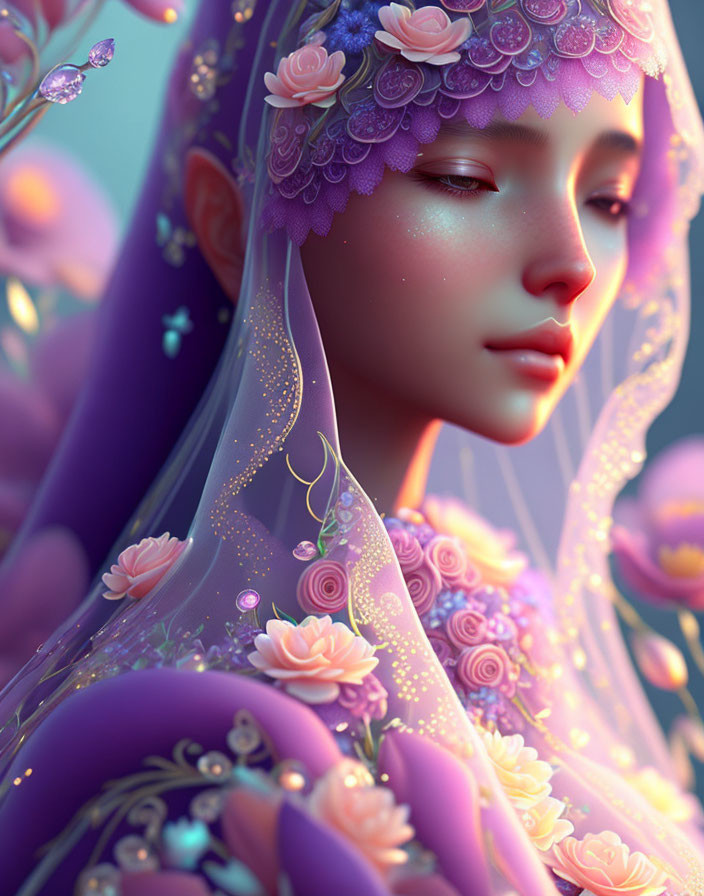 Digital artwork: Serene woman with floral veil and rosy cheeks amidst blossoms