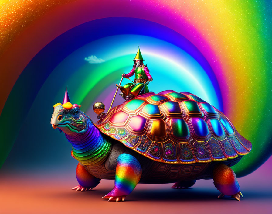 Colorful knight on armored turtle with rainbow background