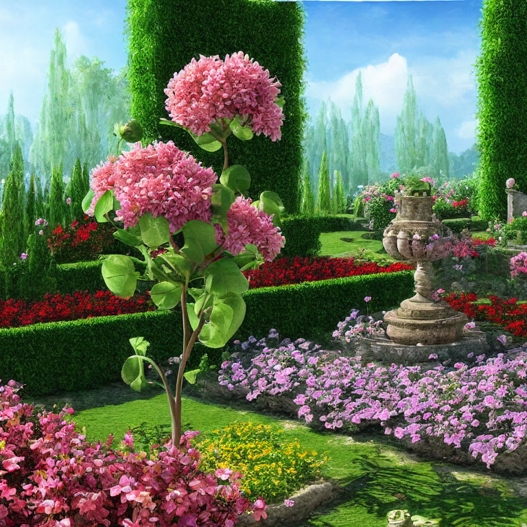 Lush garden with pink hydrangeas, green hedges, flower beds, stone fountain