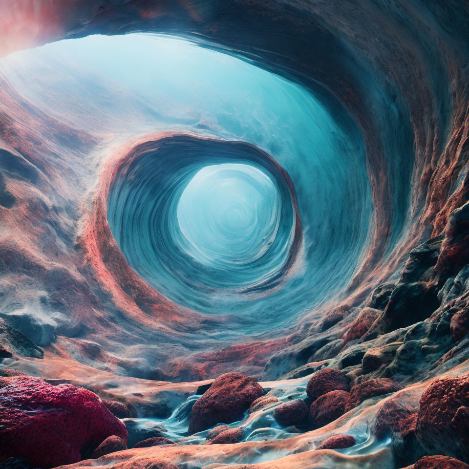 Swirling Vortex with Watery Base and Moss-Covered Rocks under Pink Sky