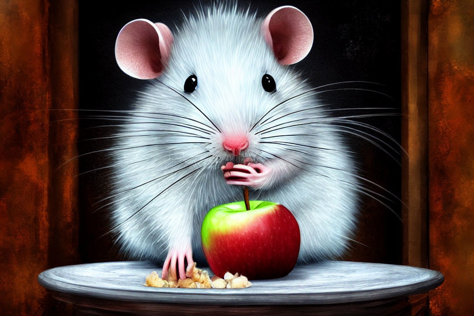 Anthropomorphic gray mouse with apple on wooden table