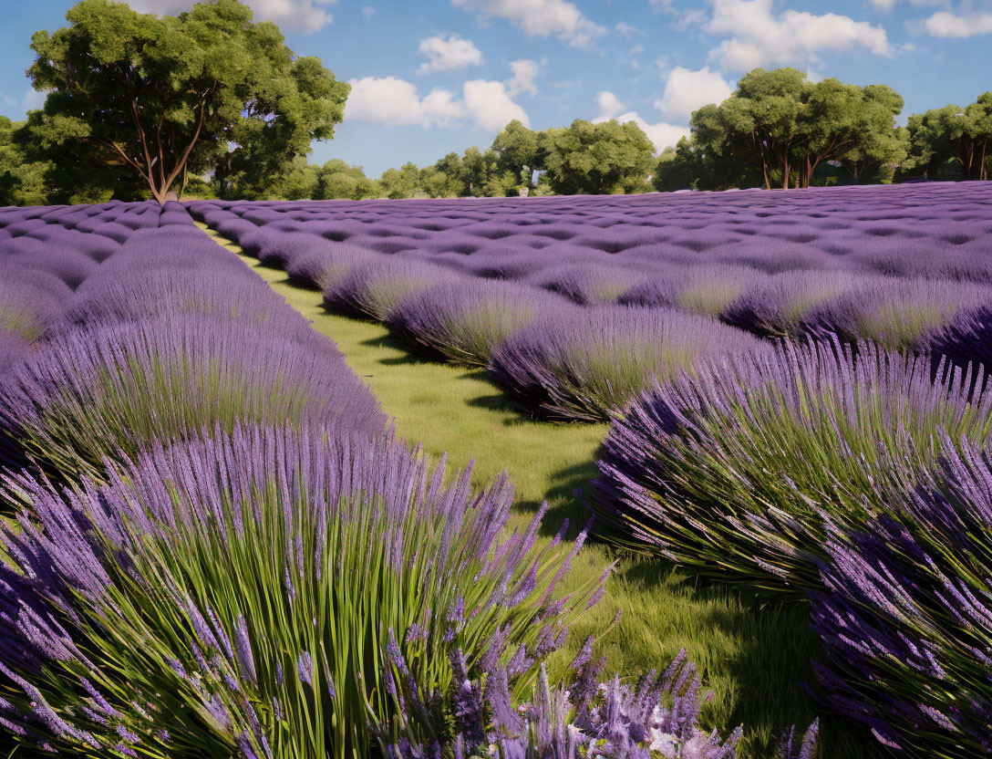 Scenic pathway through blooming lavender field and green trees