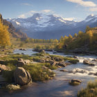 Scenic autumn landscape with wooden bridge, river, and snow-capped mountains