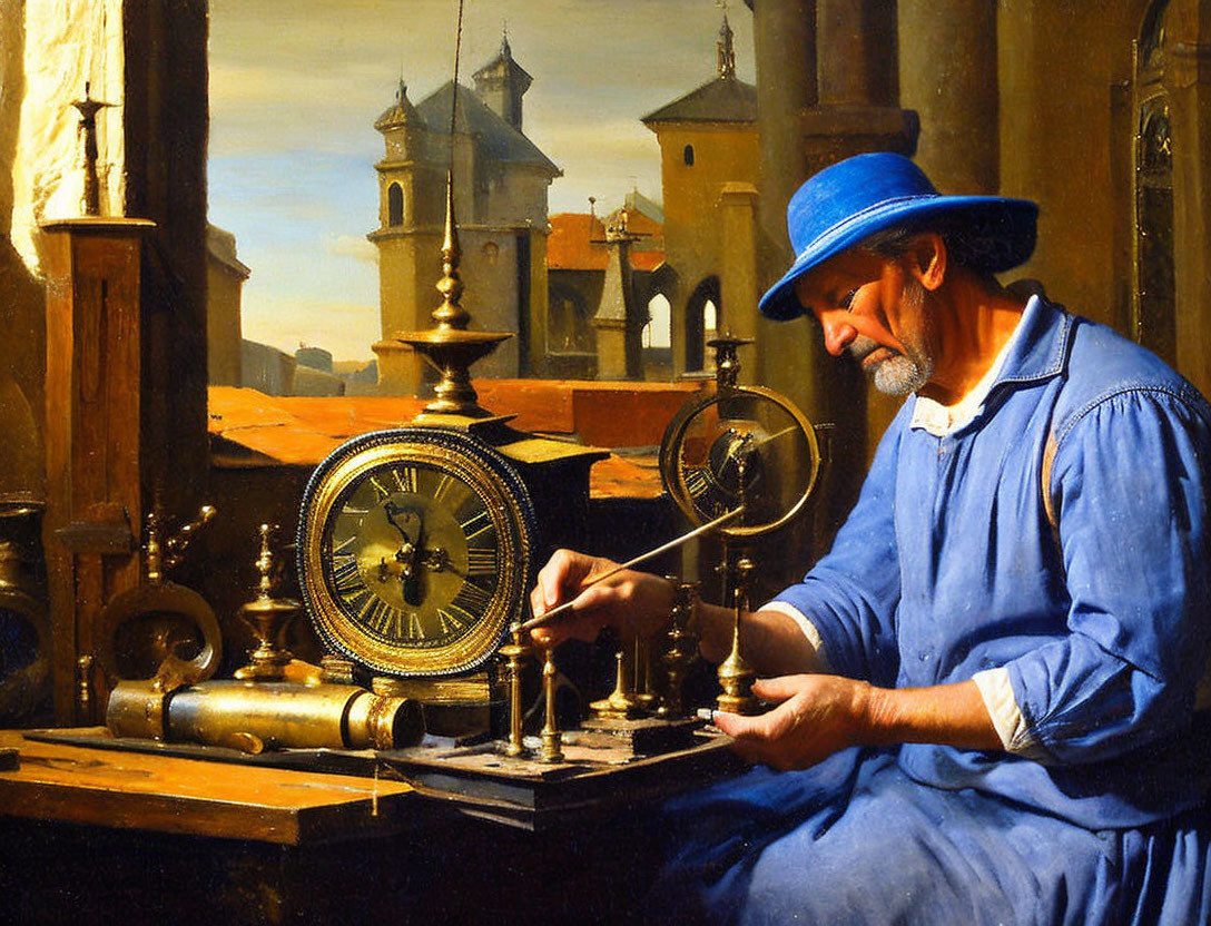 Man in Blue Hat Examining Brass Instrument with Compass on Table