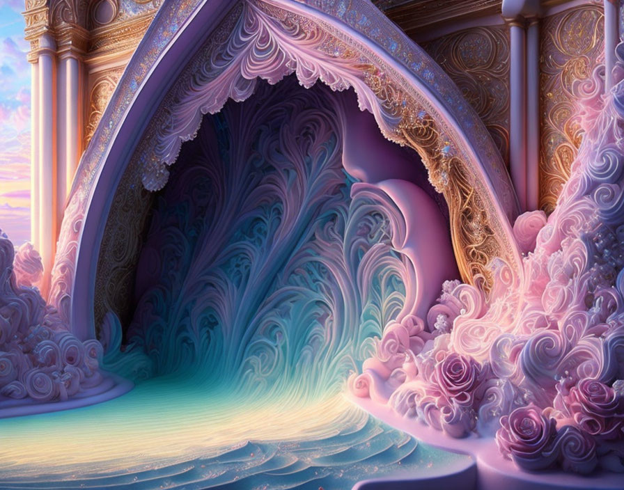 Ornate arched doorway in fantasy scene with pastel-colored wave structure