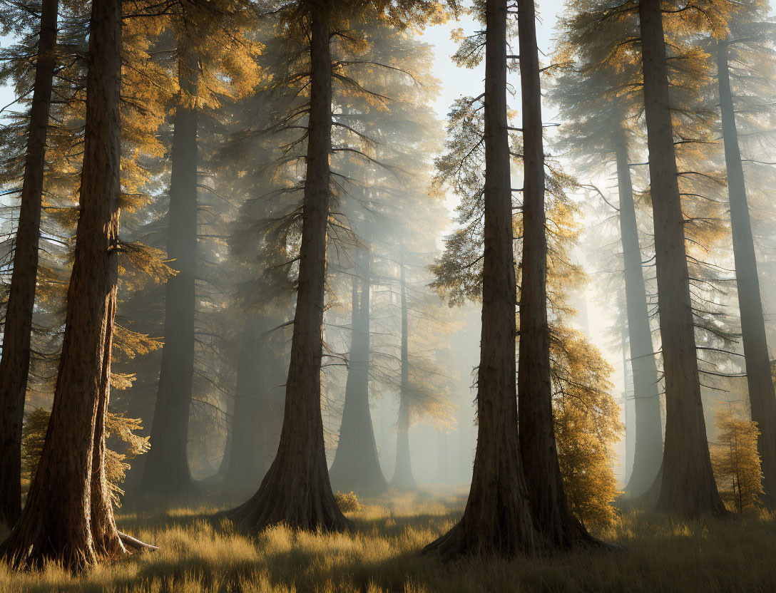 Misty forest with sunlight filtering through trees