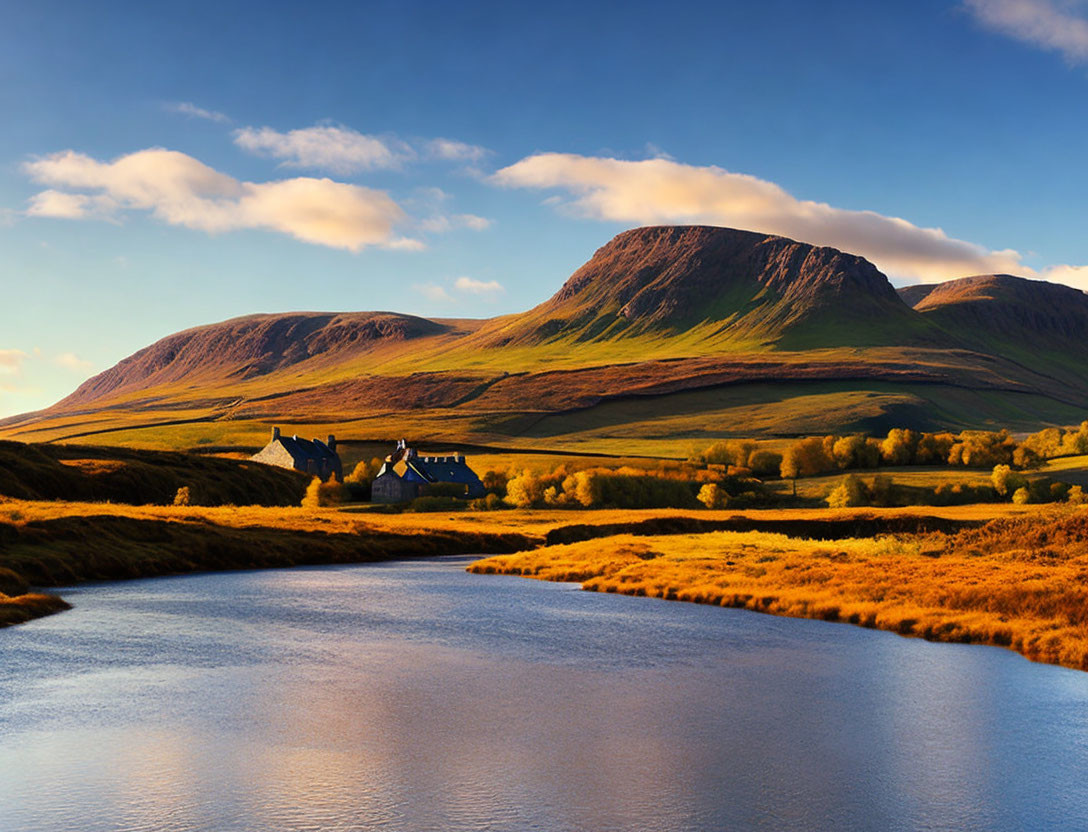 Tranquil river, golden fields, lone house: serene landscape scene