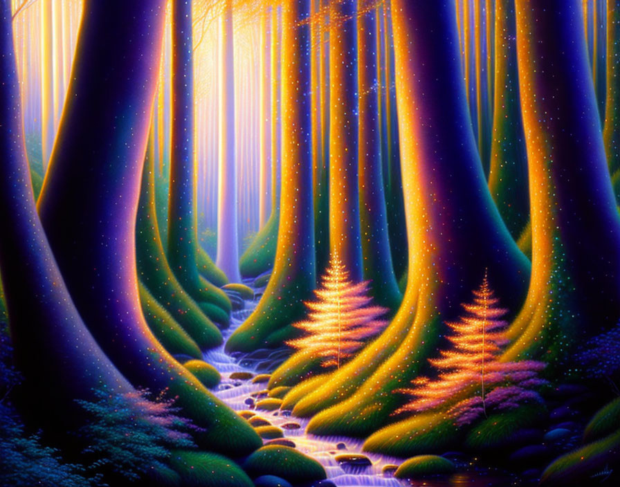 Fantasy forest with twisted trunks, glittering river, illuminated trees under starry sky