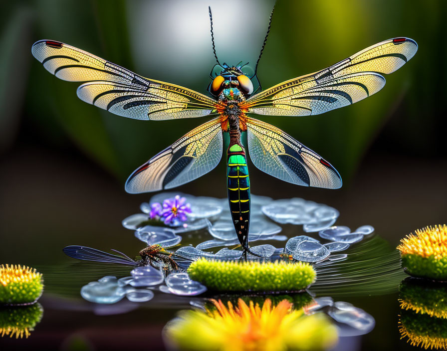 Colorful dragonfly on water with spread wings, surrounded by flowers and leaves.