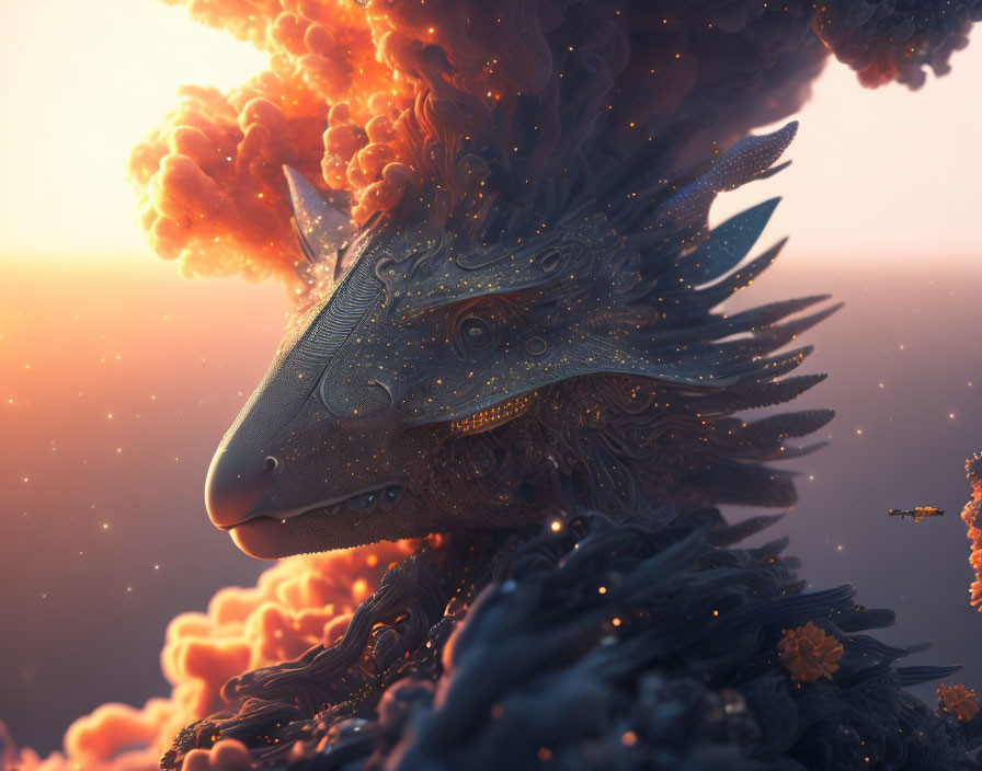 Detailed Dragon Head Against Sunset Sky with Clouds