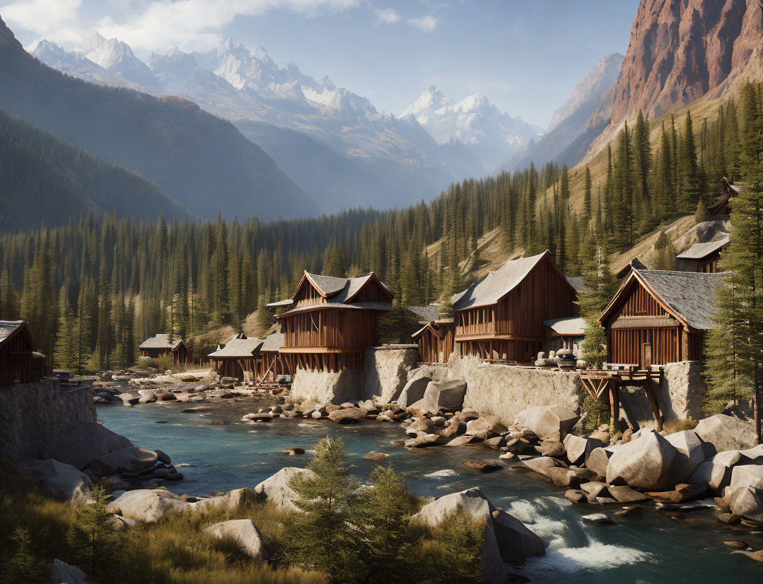 Scenic rustic cabins near mountain river, pine trees, and rocky peaks