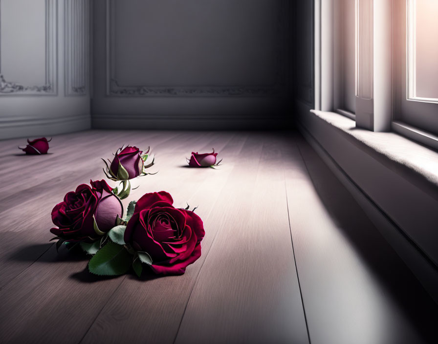 Dark Red Roses on Wooden Floor in Dimly Lit Room