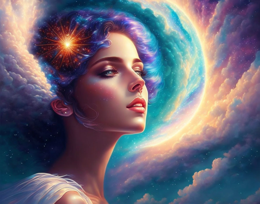 Digital artwork: Woman with cosmic hair and galaxy mind, stars light up her contemplative expression.