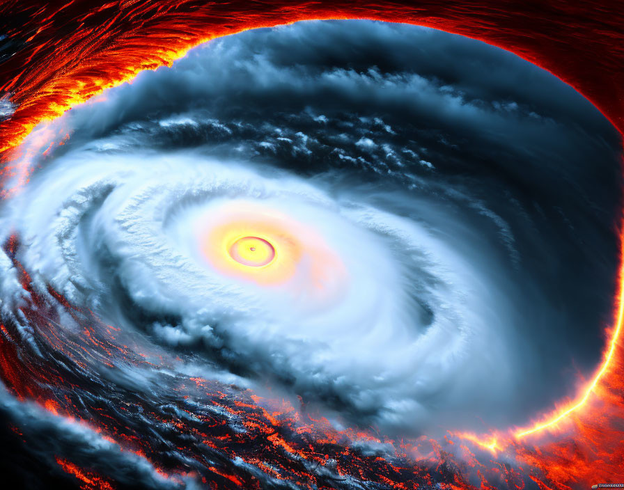 Digital artwork: Swirling red-orange hurricane over blue ocean