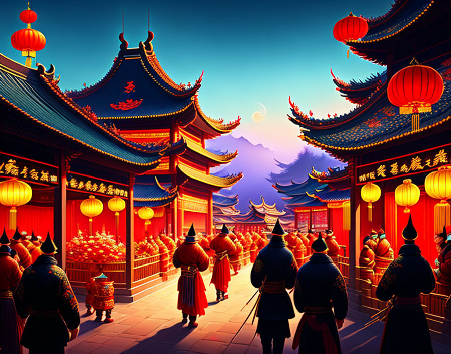 Illustration of guards in traditional attire at dusk in ancient Chinese setting