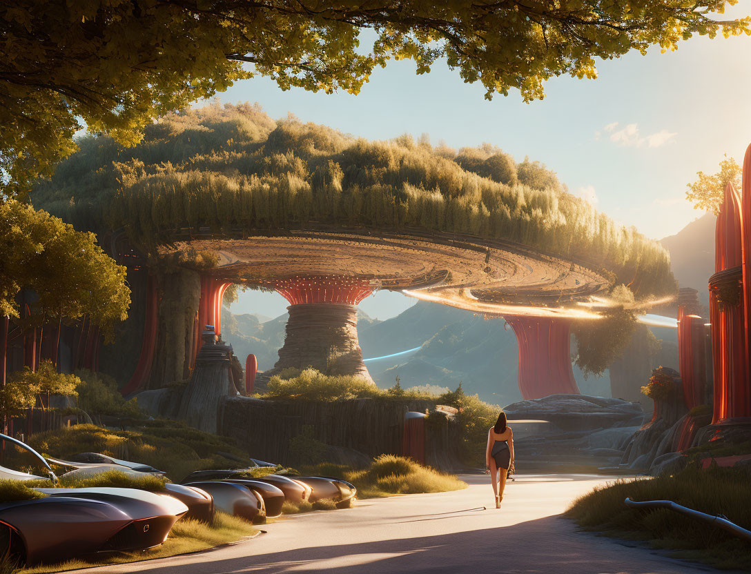 Person walking towards verdant spiraled bridge in futuristic landscape