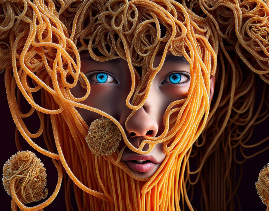 Intricate noodle-like hair and striking blue eyes in digital art