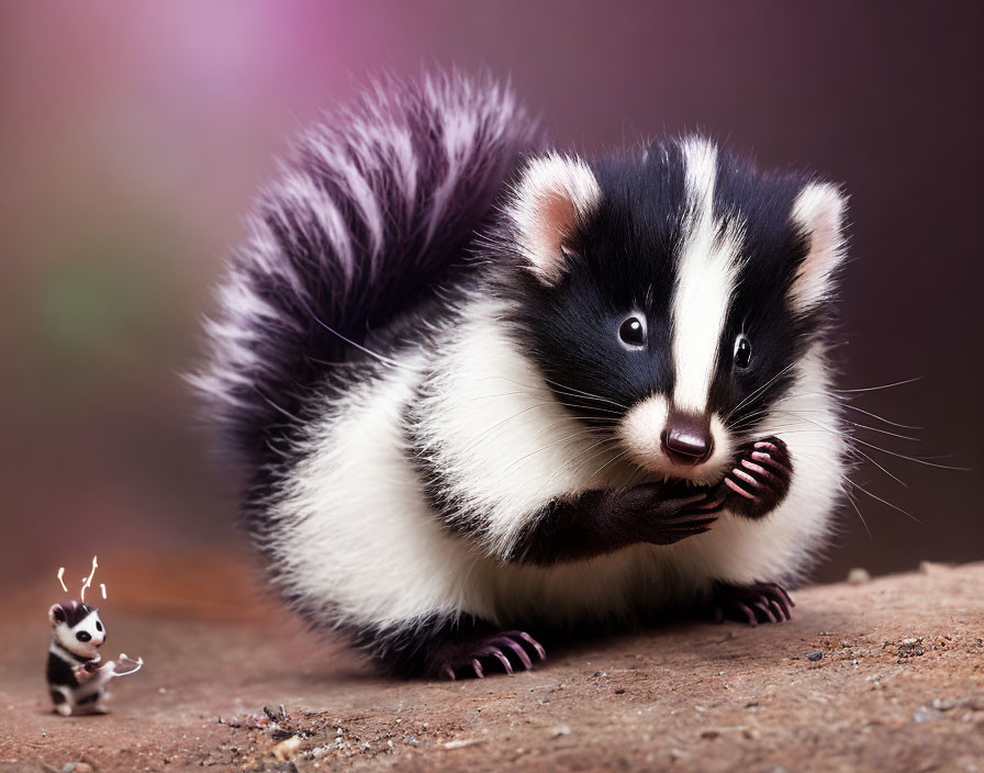 Curious large skunk gazes at miniature counterpart in black and white fur with bushy tails.